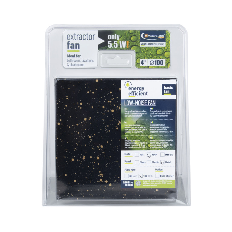 Designer silent fan MMP 100, 100 m³ / h, glass, black and gold